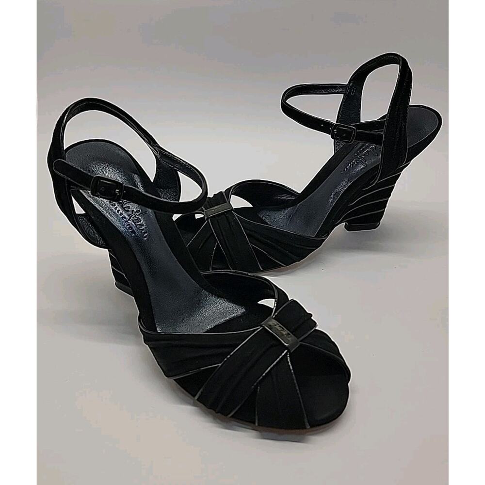 COLE HAAN‎ Womens Size 9B Wedge Suede Leather Sandals Strappy Heels Black EUC